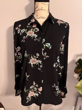 H&M Black Floral Button Down Blouse Long Sleeve Workwear Top Size 2